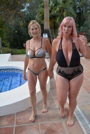 Mature blonde women frolic in a swimming pool with their swimsuits on on nudesceleb.com