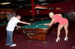 Curvy slut gets nailed on a pool table and jizzed over her big jugs on nudesceleb.com