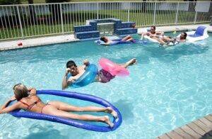 Frolic girls in bikini flashing their tits at the pool party on nudesceleb.com