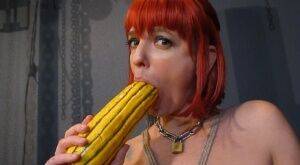 Kinky pierced BDSM slut Abigail Dupree pisses in carafe & toys ass with gourd on nudesceleb.com