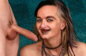 Old Goth woman Lilith Lust wears jizz on chin after a hard fuck on nudesceleb.com