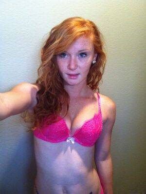 Natural redhead Alex Tanner slips off her pink lingerie set for nude selfies on nudesceleb.com