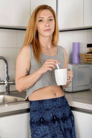 Over 30 redhead Sata Jones makes her first nude appearance in her kitchen on nudesceleb.com