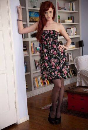 Redhead Elle Alexandra strips to a garter belt and nylons while home alone on nudesceleb.com