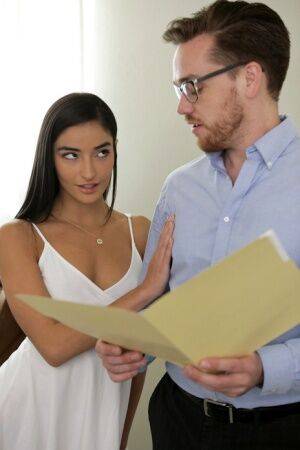 Sultry brunette Emily Willis seduces her realtor with a kiss in a white dress on nudesceleb.com