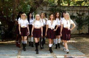 Schoolgirls strip off pleated skirts before having all girl orgy on nudesceleb.com