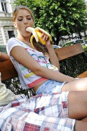 Blonde girl eats a banana in public before blowing her boyfriend at home on nudesceleb.com