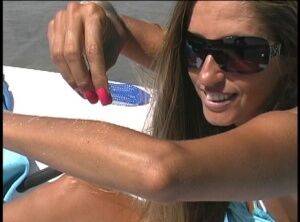 Amateur model Lori Anderson exhibits her hairy forearms in sunglasses on nudesceleb.com