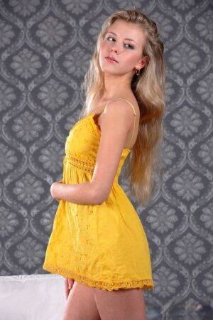 Coy model Barbara D doffs her yellow dress to reveal a smooth shaved pussy on nudesceleb.com