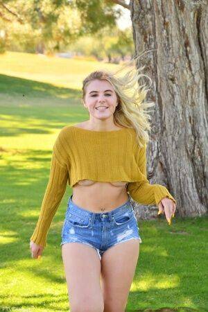 Dirty blonde Isabelle ditches jeans shorts and a sweater prior to masturbating on nudesceleb.com