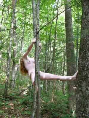 Natural redhead Nicki Blue swings from a tree while totally naked in the woods on nudesceleb.com