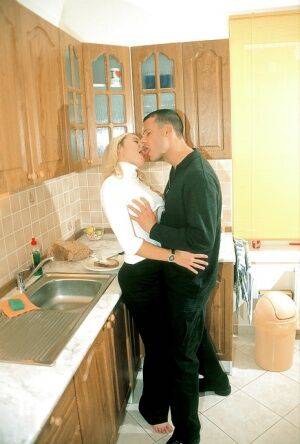 Adorable blonde babe gives a blowjob and gets shagged in the kitchen on nudesceleb.com