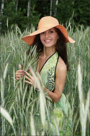 Brunette girl with great tits models totally naked in a hay field on nudesceleb.com