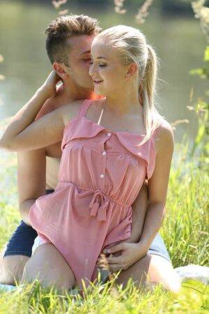 Cute blonde Cayla Lyons fucks her boyfriend next to a peaceful river on nudesceleb.com