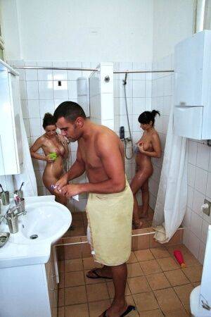 Cum guzzling Euro skanks enjoy a hard riding foursome after showering on nudesceleb.com