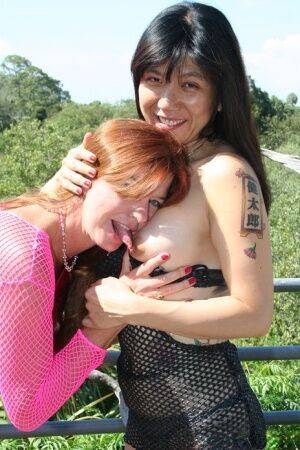 Mature redhead Dee Delmar and a tattooed girl blow a black dick together on nudesceleb.com