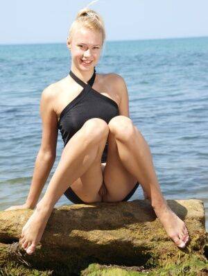 Natural blonde Angie T removes a little black dress to pose nude by the ocean on nudesceleb.com