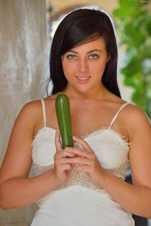 Brunette teen flashes in the park and on the road before a cucumber insertion on nudesceleb.com