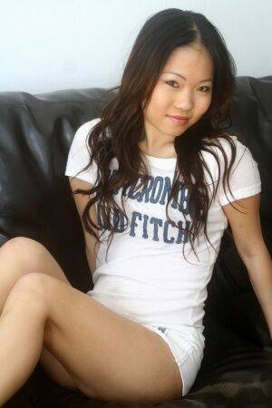 Cute Asian girl strips to her bra and panties on a leather couch on nudesceleb.com