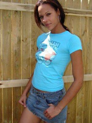 Teen amateur Karen exposes her uspkirt panties near a backyard fence on nudesceleb.com