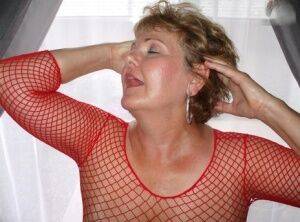 Mature lady Busty Bliss displays her big natural tits in a mesh dress on nudesceleb.com