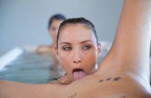 Lesbian sluts Celeste Star, Malena Morgan, and Megan Salinas taking a bath on nudesceleb.com