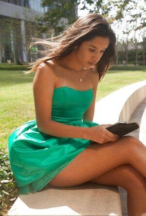 Cute amateur brunette Yesenia Corral giving us a view of her upskirt on nudesceleb.com