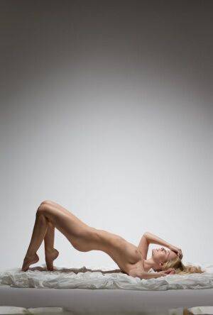 Beautiful blonde Gabi hits upon great nude poses on a hunk of fabric on nudesceleb.com