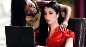 Dark-haired girl Alex Coal is turned into a lesbo by black girl Jezabel Vessir on nudesceleb.com