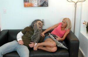 Pretty blonde Bree Olson gets banged on a sofa after being frightened on nudesceleb.com