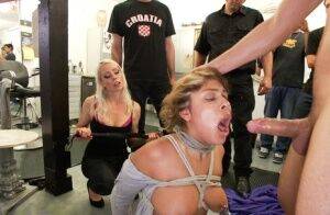 Horny slut dragged into a crowded salon filled with hot models Whore gets on nudesceleb.com