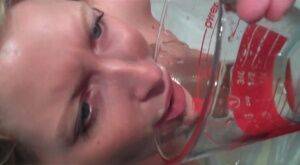 Young blonde slut get to drink her own piss on a glass on nudesceleb.com