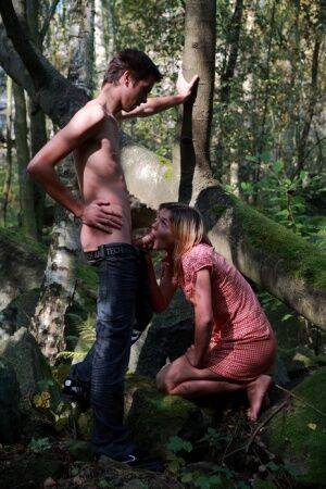 Young girl and her boyfriend had sex in a mature forest away from civilization on nudesceleb.com