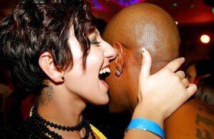 Naughty amateur babes kissing and sucking hard cocks at the wild party on nudesceleb.com