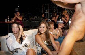 Splendid girls have fun with a dancing bear on a wild clothed party on nudesceleb.com