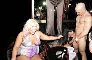 Sexy chicks going wild at the party with a bald malestripper on nudesceleb.com