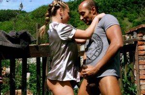 Kinky blond chick and her equally freaky man friend piss on each other outside on nudesceleb.com