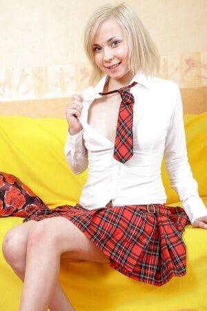 Young blonde schoolgirl Sonja P flashing white panties under pleated skirt on nudesceleb.com