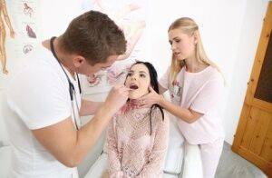 Dark haired teen has a hardcore threesome with a doctor and nurse on nudesceleb.com