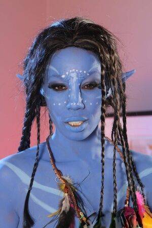 Cosplay beauty Misty Stone takes cock in nothing but blue body paint on nudesceleb.com