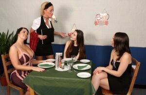 Girls lunch break turns into CFNM mealtime encounter in hot reverse gangbang on nudesceleb.com