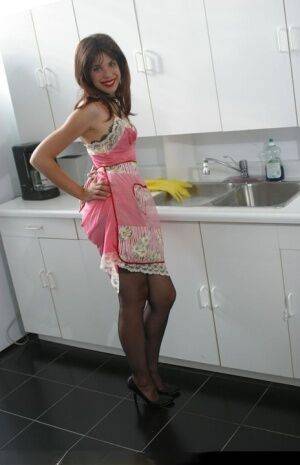 Lusty housewife Dirty Angie wearing sexy black lingerie in the kitchen on nudesceleb.com