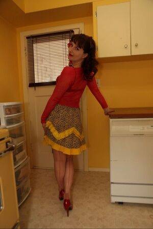 Older housewife Dirty Angie poses in retro lingerie and nylons in kitchen on nudesceleb.com