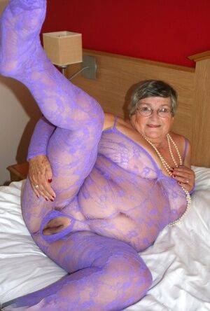 British fatty Grandma Libby masturbates on a bed in a crotchless bodystocking - Britain on nudesceleb.com