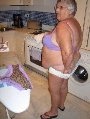 Overweight British oma Grandma Libby exposes her boobs while ironing - Britain on nudesceleb.com