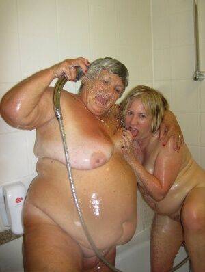 Grandma Libby and her lesbian lover wash each other during a shower on nudesceleb.com