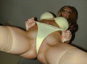 Busty chick Anita Dark takes off her underwear in flesh toned stockings on nudesceleb.com