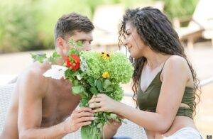 White girl with wavy hair fucks a guy on the patio after receiving flowers on nudesceleb.com