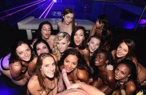 Black and white party girls fuck every cock they come across in nightclub on nudesceleb.com