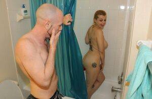 Naked girl Nadia White pleasures her guy's cock while taking a shower on nudesceleb.com
